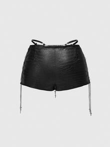 ROMWE Avant Women's Retro Gyaru Biker PU Decorated Low Waist Mini Tight Shorts - Black - View 2