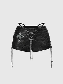 ROMWE Avant Women's Retro Gyaru Biker PU Decorated Low Waist Mini Tight Shorts - Black - View 1