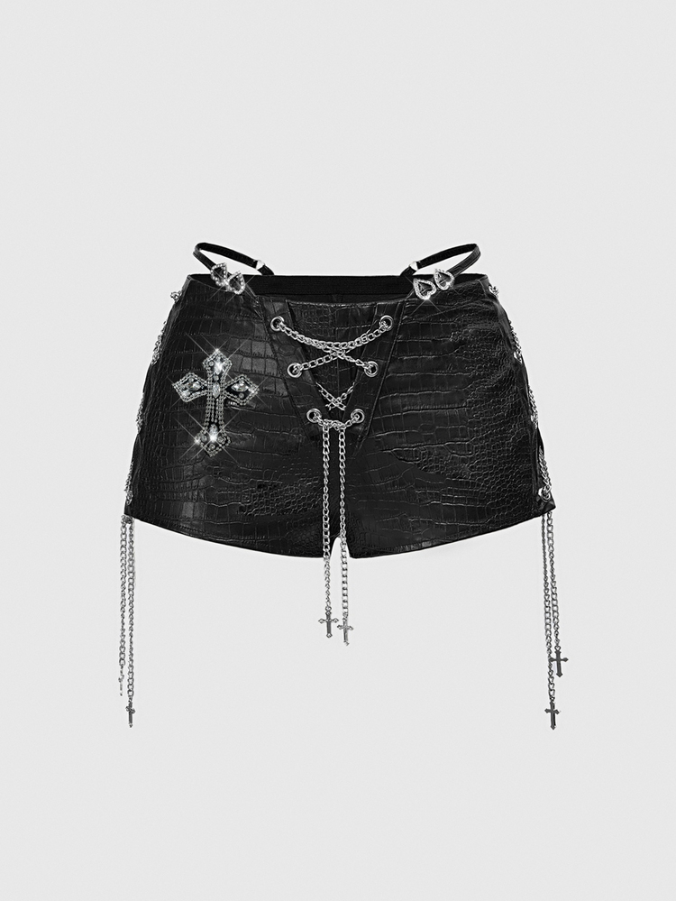 ROMWE Avant Women's Retro Gyaru Biker PU Decorated Low Waist Mini Tight Shorts - Black - View 1