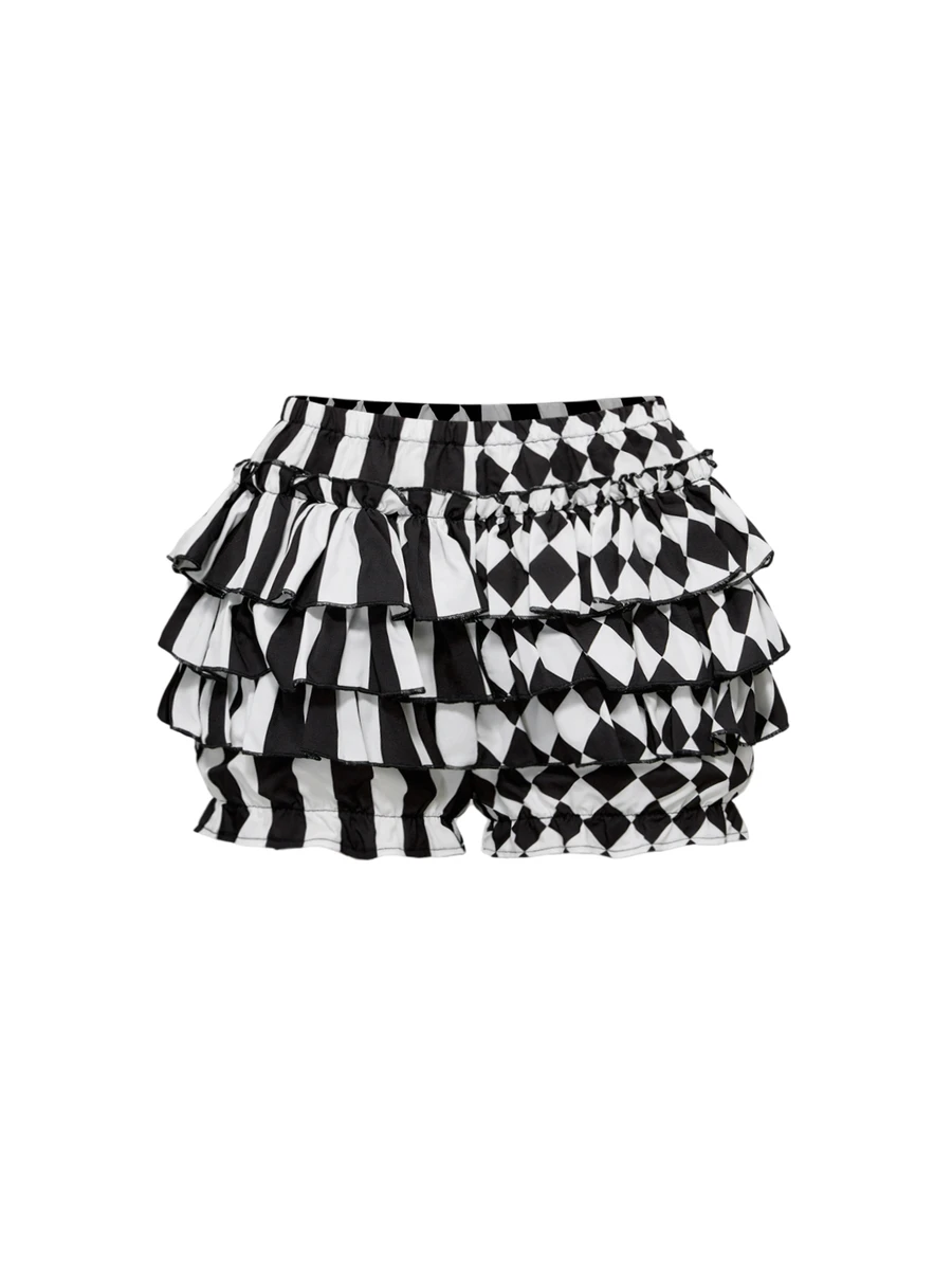 ROMWE Spring/Summer Gothic Cute Patchwork Striped Plaid Clown Pumpkin Shorts - Black and White - View 1