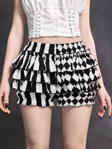 ROMWE Spring/Summer Gothic Cute Patchwork Striped Plaid Clown Pumpkin Shorts - Black and White - View 3