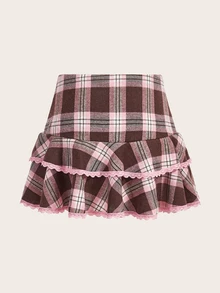 ROMWE Kawaii Falda de cuadros ribete con encaje bajo con fruncido - Multicolor - Ver 2
