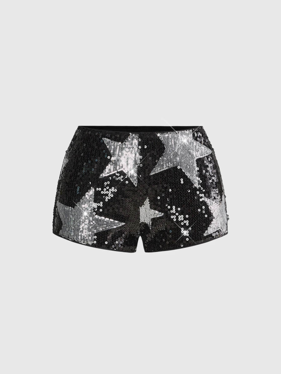 ROMWE Avant Women Rock Punk Music Festival Sparkling Pentagram Decor Sequin Micro Low-Waist Mini Shorts - Black - View 1
