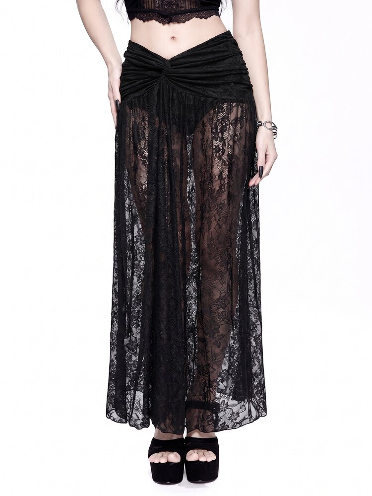 ROMWE Spring/Summer Carnival Party Casual Black Vintage Gothic Lace Twist Design Side Slit Skirt - Black - View 3