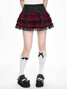 ROMWE Goth Minifalda con volantes escalonados, encaje jacquard y panel de malla estilo gótico para el Día de San Valentín - Negro - Ver 3