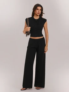 SHEIN Tall Women's Solid Color Cap Sleeve Top And Long Pants Knit 2 Pieces Set - Black - View 5