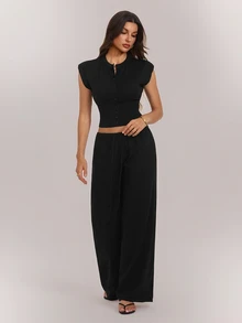 SHEIN Tall Women's Solid Color Cap Sleeve Top And Long Pants Knit 2 Pieces Set - Black - View 4