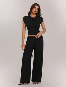 SHEIN Tall Women's Solid Color Cap Sleeve Top And Long Pants Knit 2 Pieces Set - Black - View 8