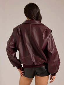 SHEIN Tall Women's Solid Color PU Leather Long Sleeve Zip-Up Jacket - Burgundy - View 2