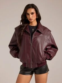 SHEIN Tall Women's Solid Color PU Leather Long Sleeve Zip-Up Jacket - Burgundy - View 9