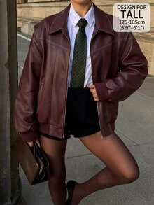 SHEIN Tall Women's Solid Color PU Leather Long Sleeve Zip-Up Jacket - Burgundy - View 1