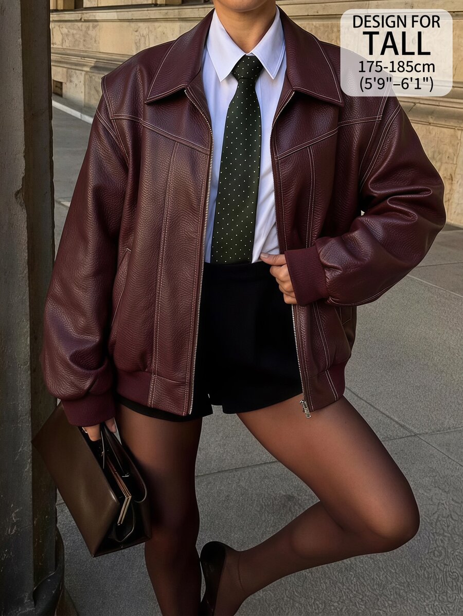SHEIN Tall Women's Solid Color PU Leather Long Sleeve Zip-Up Jacket - Burgundy - View 1