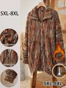 SHEIN CURVE+ 大尺碼 US22 寬鬆版型 羅紋刷毛休閒 1920年代復古優雅針織開襟外套 秋季感恩節 外出夜店派對棕色 - 彩色 - 查看 9