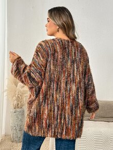 SHEIN CURVE+ 大尺碼 US22 寬鬆版型 羅紋刷毛休閒 1920年代復古優雅針織開襟外套 秋季感恩節 外出夜店派對棕色 - 彩色 - 查看 3