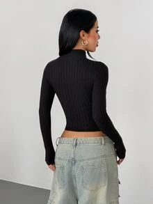 SHEIN ICON Women's Solid Color Hollow Out Slim Fit Versatile Daily Wear Long Sleeve Sweater - Black - View 2
