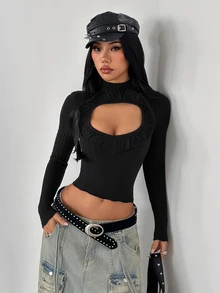 SHEIN ICON Women's Solid Color Hollow Out Slim Fit Versatile Daily Wear Long Sleeve Sweater - Black - View 5