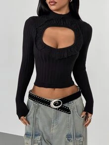 SHEIN ICON Women's Solid Color Hollow Out Slim Fit Versatile Daily Wear Long Sleeve Sweater - Black - View 3