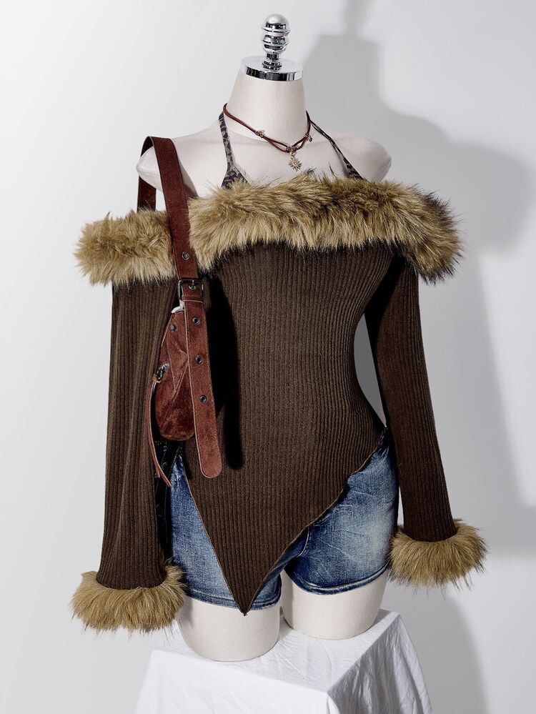 SHEIN ICON Women's Plus Size Autumn/Winter Retro Sexy Millennial Style Y2K Faux Fur Patchwork Off-Shoulder Halter Neck 2 In 1 Brown Brushed Ribbed Top - Brown - View 6