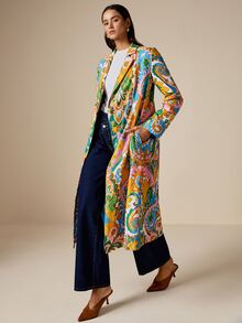 LOTSLUV Women's Autumn Elegant Commute, Occasion-Appropriate Outfit, Colorful Floral Placement Print, Blazer Collar Long Sleeve Long Coat - Multicolor - View 6