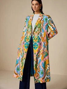 LOTSLUV Women's Autumn Elegant Commute, Occasion-Appropriate Outfit, Colorful Floral Placement Print, Blazer Collar Long Sleeve Long Coat - Multicolor - View 4