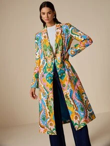 LOTSLUV Women's Autumn Elegant Commute, Occasion-Appropriate Outfit, Colorful Floral Placement Print, Blazer Collar Long Sleeve Long Coat - Multicolor - View 3