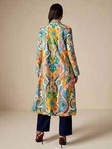 LOTSLUV Women's Autumn Elegant Commute, Occasion-Appropriate Outfit, Colorful Floral Placement Print, Blazer Collar Long Sleeve Long Coat - Multicolor - View 2