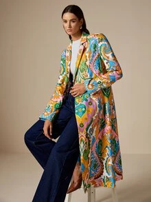 LOTSLUV Women's Autumn Elegant Commute, Occasion-Appropriate Outfit, Colorful Floral Placement Print, Blazer Collar Long Sleeve Long Coat - Multicolor - View 1