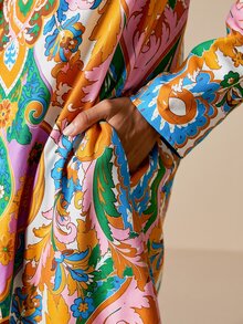 LOTSLUV Women's Autumn Elegant Commute, Occasion-Appropriate Outfit, Colorful Floral Placement Print, Blazer Collar Long Sleeve Long Coat - Multicolor - View 7