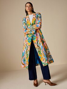 LOTSLUV Women's Autumn Elegant Commute, Occasion-Appropriate Outfit, Colorful Floral Placement Print, Blazer Collar Long Sleeve Long Coat - Multicolor - View 5