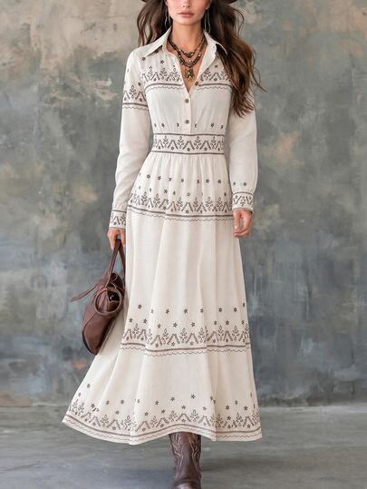 LanaWest Women's Spring/Autumn Bohemian Apricot Linen Vintage Geometric Digital Print Shirt Dress, Lapel Collar, Half-Open Front With Wooden Button Decor, Long Sleeves With Wooden Button Cuffs, High Waist With Shirred Waist, A-Line Loose Western Casual Country Long Dress, Suitable For Vacation, Daily Commute, Date Wear