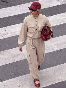 SHEIN LUNE Flap Pocket Drop Shoulder Crop Jacket & Cargo Pants - Apricot - View 5