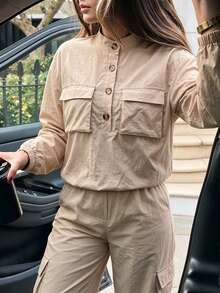 SHEIN LUNE Flap Pocket Drop Shoulder Crop Jacket & Cargo Pants - Apricot - View 1