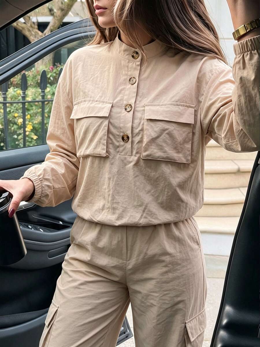 SHEIN LUNE Flap Pocket Drop Shoulder Crop Jacket & Cargo Pants - Apricot - View 1