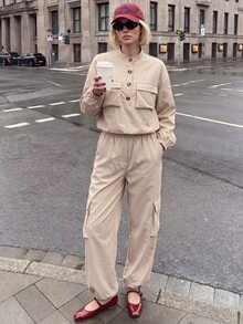 SHEIN LUNE Flap Pocket Drop Shoulder Crop Jacket & Cargo Pants - Apricot - View 3