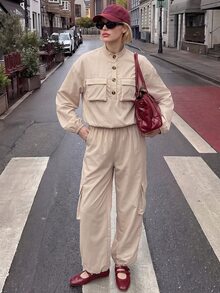 SHEIN LUNE Flap Pocket Drop Shoulder Crop Jacket & Cargo Pants - Apricot - View 7