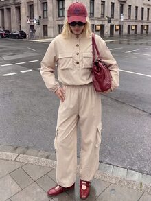SHEIN LUNE Flap Pocket Drop Shoulder Crop Jacket & Cargo Pants - Apricot - View 4
