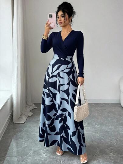 Elenzga Women's Spring/Autumn Commute Vintage Minimalist Elegant Black Patchwork Long Sleeve Cross V-Neck Cinched Cinched Waist Leaf Print A-Line Full Skirt Versatile Dress