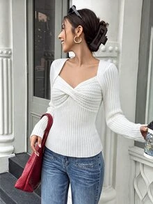 Flora Isola Flora Isola Women's Autumn/Winter Beige Cable Knit Cable Heart-Shaped Ribbed Square Neck Slim Fit Long Sleeve Pullover Sweater, Flattering Everyday Versatile Party Top - White - View 1