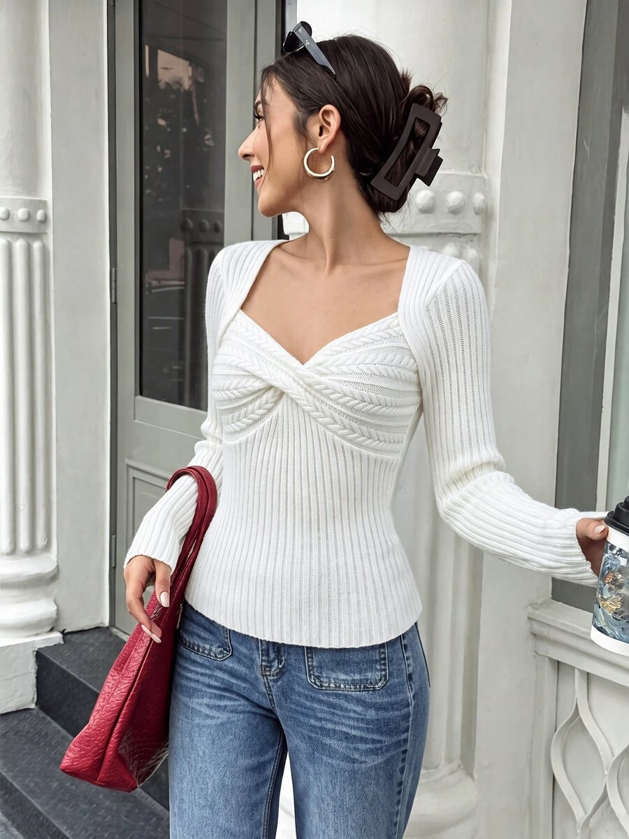 Flora Isola Flora Isola Women's Autumn/Winter Beige Cable Knit Cable Heart-Shaped Ribbed Square Neck Slim Fit Long Sleeve Pullover Sweater, Flattering Everyday Versatile Party Top - White - View 1
