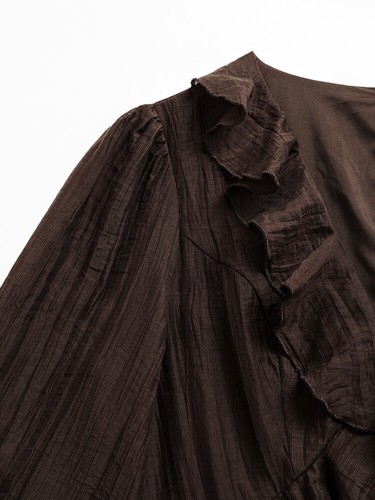 SHEIN Veneréa Women's Ruffle Lantern Sleeve Long V-Neck Dress - Chocolate Brown - View 5