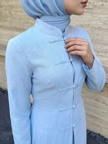 Celisse Women's Waist-Cinching Chinese Stand Collar Frog Button Long Shirt And Straight Leg Pants 2 Pieces Set, Elegant Commuter Outfit For Spring And Autumn - Blue - View 4