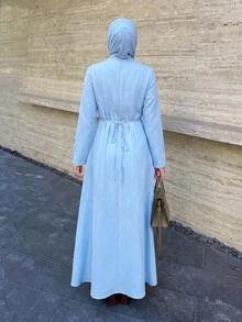 Celisse Women's Waist-Cinching Chinese Stand Collar Frog Button Long Shirt And Straight Leg Pants 2 Pieces Set, Elegant Commuter Outfit For Spring And Autumn - Blue - View 2