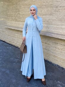 Celisse Women's Waist-Cinching Chinese Stand Collar Frog Button Long Shirt And Straight Leg Pants 2 Pieces Set, Elegant Commuter Outfit For Spring And Autumn - Blue - View 6