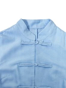 Celisse Women's Waist-Cinching Chinese Stand Collar Frog Button Long Shirt And Straight Leg Pants 2 Pieces Set, Elegant Commuter Outfit For Spring And Autumn - Blue - View 3