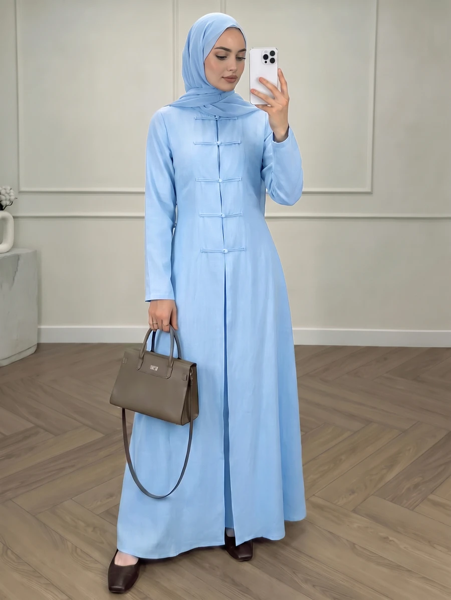 Celisse Women's Waist-Cinching Chinese Stand Collar Frog Button Long Shirt And Straight Leg Pants 2 Pieces Set, Elegant Commuter Outfit For Spring And Autumn - Blue - View 1