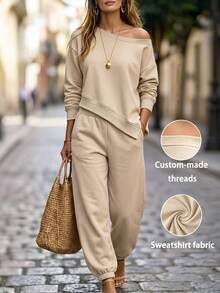 RosyDaze Lazy Relaxed Asymmetrical Shoulder Top & Lantern Pants 2 Pieces Set, Minimalist Streetwear Outfit For Women - Apricot - View 6