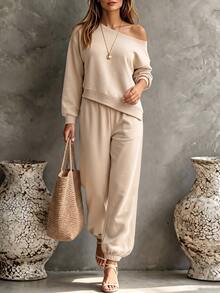 RosyDaze Lazy Relaxed Asymmetrical Shoulder Top & Lantern Pants 2 Pieces Set, Minimalist Streetwear Outfit For Women - Apricot - View 4