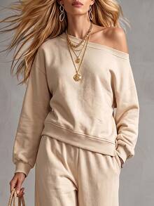 RosyDaze Lazy Relaxed Asymmetrical Shoulder Top & Lantern Pants 2 Pieces Set, Minimalist Streetwear Outfit For Women - Apricot - View 7