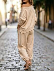 RosyDaze Lazy Relaxed Asymmetrical Shoulder Top & Lantern Pants 2 Pieces Set, Minimalist Streetwear Outfit For Women - Apricot - View 2