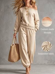 RosyDaze Lazy Relaxed Asymmetrical Shoulder Top & Lantern Pants 2 Pieces Set, Minimalist Streetwear Outfit For Women - Apricot - View 1